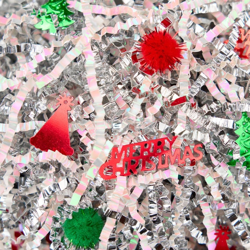 PAPER FAIR 1LB Christmas Crinkle Cut Paper Shred Filler Diamond White Metallic Silver Raffia Grass w/Green Red Pompoms, Xmas Candy Cane Gift Box Basket Wrap Craft Bedding Cushion - Image 2